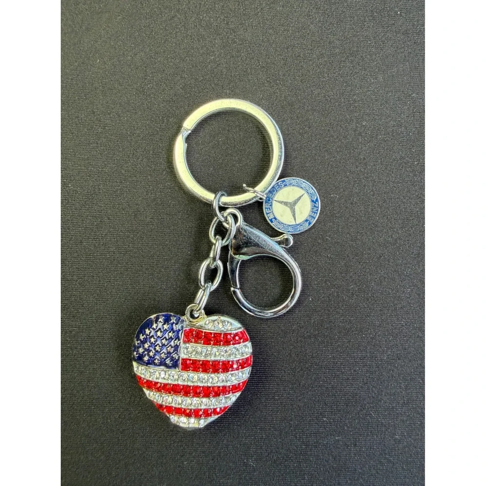 Mercedes-Benz Keychain US Flag Rhinestone Heart Charm Silver Patriotic Accessory
